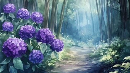 Poster - Watercolor illustration of stunning purple blooms in a forest setting