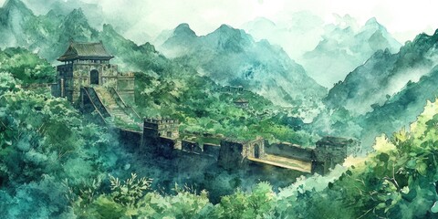 Wall Mural - Watercolor illustration of a renowned ancient citadel featuring lush mountain landscapes