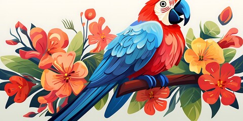 A colorful Macaw with flowers painted on it, a simple flat illustration in white background,This whimsical children's book illustration has a folk-inspired style and clean.