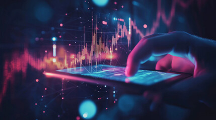 Poster - A digital close-up of a human hand holding a tablet displaying an abstract stock market candlestick. This first-person view of a trading app is set against a technological background, rendered.
