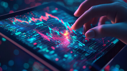 Poster - A digital close-up of a human hand holding a tablet displaying an abstract stock market candlestick. This first-person view of a trading app is set against a technological background, rendered.