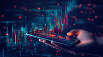 Poster - A digital close-up of a human hand holding a tablet displaying an abstract stock market candlestick. This first-person view of a trading app is set against a technological background, rendered.