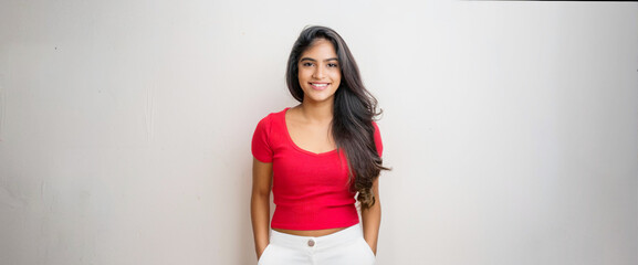 Wall Mural - A portrait of a South Asian woman wearing red clothing and white skinny pants, smiling.