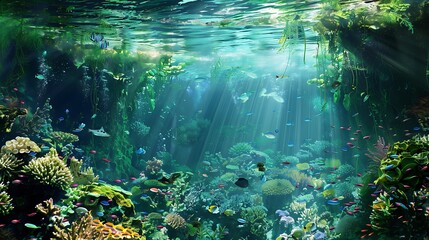 Underwater scene showcasing a thriving coral reef teeming with colorful fish and marine life sunlight filters through the water illuminating the corals and creating a breathtaking spectacle.