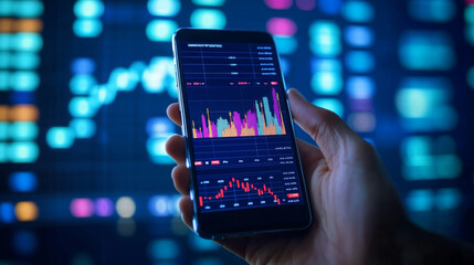 Poster - A digital stock market graph chart displayed on a smartphone, with an abstract hand holding the phone. The investment candlestick is visible on the screen, representing a mobile trading app concept 