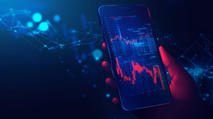 Poster - A digital stock market graph chart displayed on a smartphone, with an abstract hand holding the phone. The investment candlestick is visible on the screen, representing a mobile trading app concept 