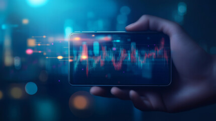 Poster - A digital stock market graph chart displayed on a smartphone, with an abstract hand holding the phone. The investment candlestick is visible on the screen, representing a mobile trading app concept 