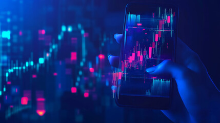 Poster - A digital stock market graph chart displayed on a smartphone, with an abstract hand holding the phone. The investment candlestick is visible on the screen, representing a mobile trading app concept 