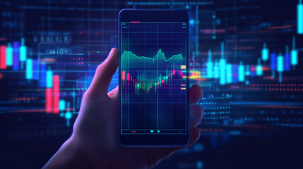 Poster - A digital stock market graph chart displayed on a smartphone, with an abstract hand holding the phone. The investment candlestick is visible on the screen, representing a mobile trading app concept 