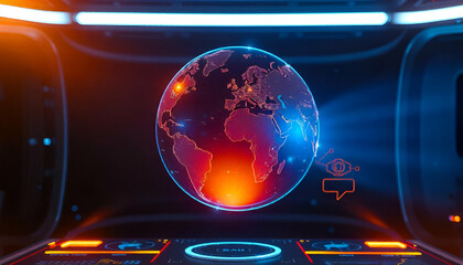 A holographic globe projection showing the world map, with orange and blue lighting effects, displayed on a futuristic interface