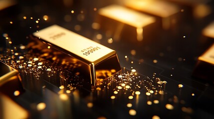 Financial Crisis - Falling Stock Chart with Scattered Gold Bars in Moody Lighting Representing Despair Concept on Dark Background