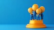 © Aris Suwanmalee - A cheerful group of cartoon figures standing on a podium, celebrating achievements against a bright blue background.