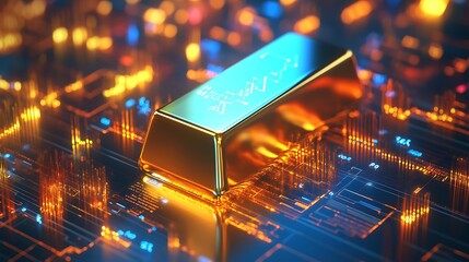 Wall Mural - Futuristic Financial Growth: Glowing Gold Bar with Vibrant Graph on Clean Background