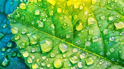 Wall Mural - water droplets on a green leaf showcasing the intricate details of nature.