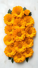 Poster - A cluster of bright yellow flowers with green leaves on a white background.