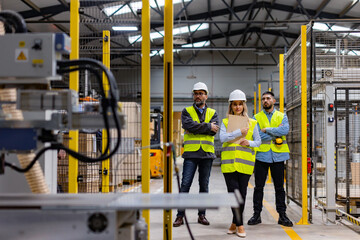 Canvas Print - Portrait of team of warehouse employees standing in warehouse. Team of workers and female manger in modern industrial factory, heavy industry, manufactrury. Concept of team management.