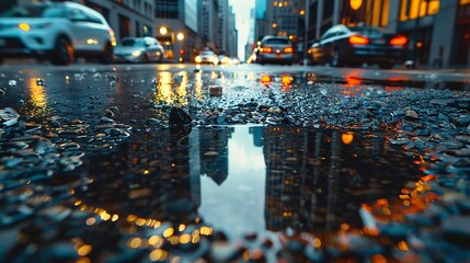 Wall Mural - Puddle on a city street reflects the surrounding buildings and streetlights.