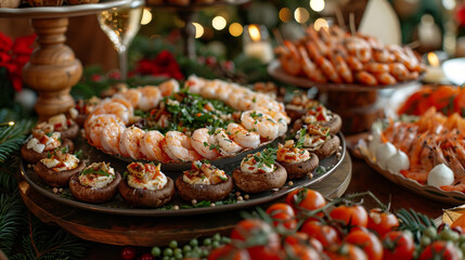 A Christmas dinner table with a variety of appetizers, including stuffed mushrooms, shrimp cocktail, and a selection of cheeses, set against a backdrop of holiday d?(C)cor.