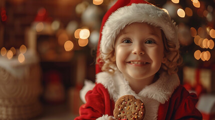 A close-up of a child in a Santa suit, holding a holiday cookie with a big smile, with a background of a cozy, festively decorated kitchen.