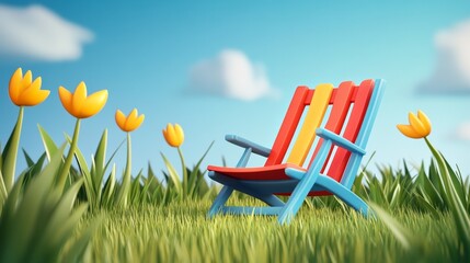 A colorful deck chair rests in a vibrant field of tulips under a clear blue sky, perfect for summer relaxation.