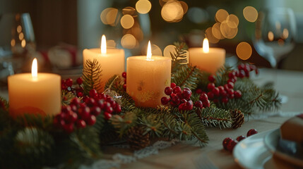 Sticker - A festive centerpiece made of candles, pine branches, and red berries, placed on a dining table set for Christmas dinner with elegant tableware.