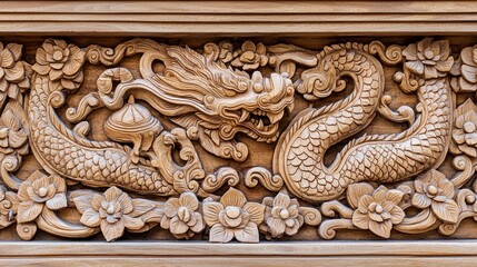 Poster - Intricate Wood Carving with Dragons and Floral Motifs