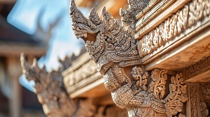 Wall Mural - Intricate Carved Dragon Detail on Ancient Temple Roof