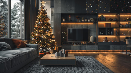 A modern Christmas tree decorated with monochromatic ornaments and LED lights, standing in a sleek, contemporary living space.