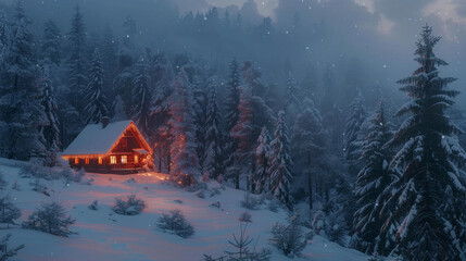 Sticker - A snow-covered forest with tall pine trees, each branch dusted with snow, and a distant view of a small, cozy cabin illuminated by Christmas lights.