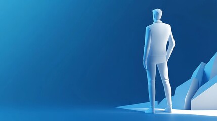 A stylized figure standing against a blue gradient background, symbolizing contemplation and calmness in a digital landscape.