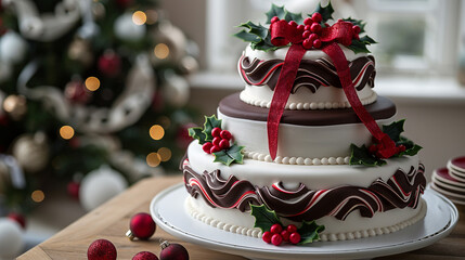 Sticker - A tiered Christmas cake with alternating layers of chocolate and vanilla sponge, covered in white fondant and decorated with a red ribbon and holly leaves.