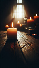 Wall Mural - Close up view of a burning candle on a wooden floor in dim lit room