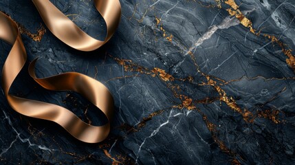 A rich black marble with a sleek golden ribbon wavy texture adorned with golden glitter paths. 