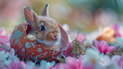 A close-up of a tiny Easter bunny sitting inside a colorful egg shell, its small paws peeking out over the edge. 