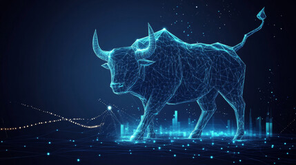 Poster - Japanese bull and candlesticks set against a technology blue background. This low poly wireframe vector illustration represents stock market exchange or financial technology concepts, featuring a poly