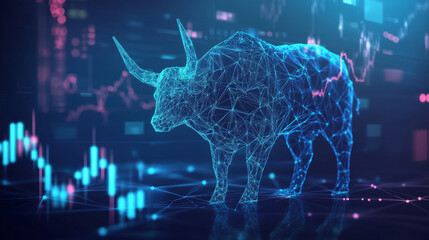 Poster - Japanese bull and candlesticks set against a technology blue background. This low poly wireframe vector illustration represents stock market exchange or financial technology concepts, featuring a poly