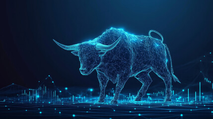 Poster - Japanese bull and candlesticks set against a technology blue background. This low poly wireframe vector illustration represents stock market exchange or financial technology concepts, featuring a poly