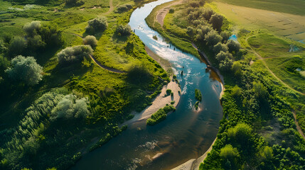 A high definition drone of a meandering river with sandy banks, surrounded by greenery and scattered trees. The scene captures the serene beauty of the natural environment.