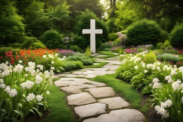 Wall Mural - A serene easter scene with a wooden cross on a hill overlooking a blooming meadow, Ai Generated