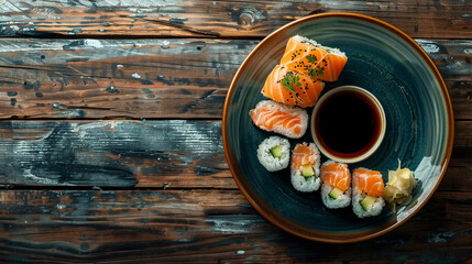 Canvas Print - A flat lay of a plate of fresh sushi rolls with a side of soy sauce and pickled ginger, arranged on the right side of a dark wooden table, leaving a large copy space on the left.