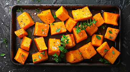 A flat lay of roasted butternut squash cubes arranged neatly on a baking tray, with a sprinkle of cinnamon and a few sprigs of thyme. The golden-orange color of the squash is warm and inviting.