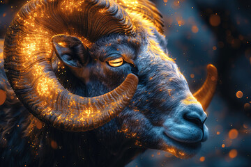 Wall Mural - Aries symbol of the zodiac horoscope constellation of the east, blue fiery neon background.