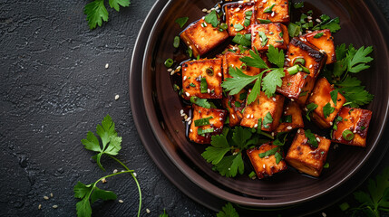 Canvas Print - A flat lay of tofu cubes marinated in soy sauce and arranged neatly on a dark ceramic plate, with a sprinkle of sesame seeds and a few sprigs of fresh cilantro.