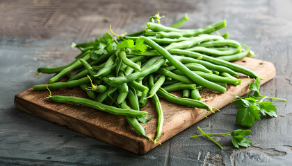 Wall Mural - Fresh green beans on wooden board, flat lay