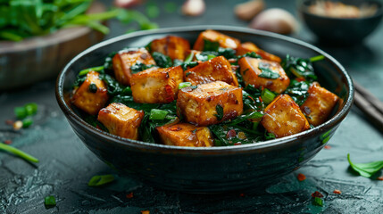 Wall Mural - A shot of a hearty tofu and spinach stir-fry with garlic and ginger, served in a dark ceramic bowl. The tofu is golden and crispy, while the spinach adds a fresh green contrast.