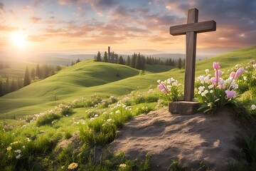 Wall Mural - A serene easter scene with a wooden cross on a hill overlooking a blooming meadow, Ai Generated