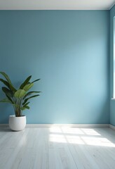 Aufkleber - Modern interior design of apartment, empty living room with blank blue wall