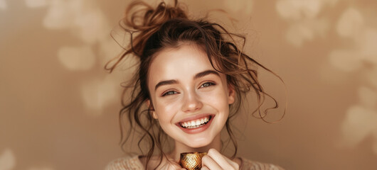 A cheerful young woman in stylish attire beams as she holds a contemporary vintage trophy, her smile and relaxed demeanor showcasing success.