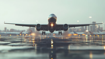 A stunning aircraft taking off, showcasing its powerful engines and sleek design against bustling airport backdrop.