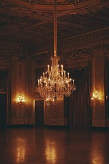 Poster - Elegant Crystal Chandelier in a Grand Hall with Ornate Ceiling